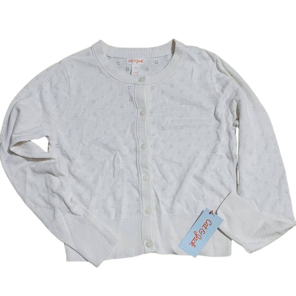 Cat & Jack Girls White Buttond Down Long Sleeved Sweater. Size 6/7